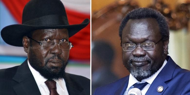 Presiden Sudan Selatan Salva Kiir (kiri) dan pemimpin pemberontak Riek Machar.