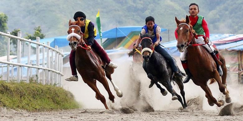 Aksi Joki dan kudanya dalam Lomba Pacuan Kuda Tradisional Gayo, 17-23 Agustus 2015 guna memeriahkan HUT ke-70 RI di Aceh Tengah, Provinsi Aceh.
