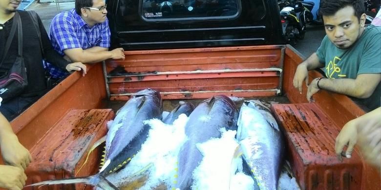 Ikan Tuna Sirip Kuning hasil tangkapan nelayan yang berada di mobil milik salah satu perusahaan cold storage, Bitung, Sulawesi Utara, Jumat (4/12/2015)