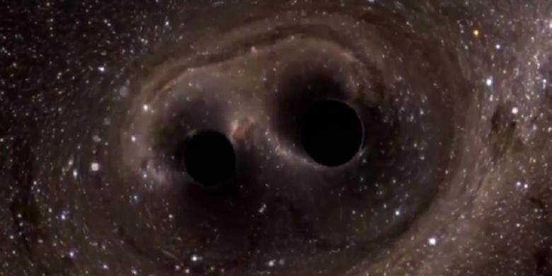 Dua lubang hitam yang berada pada jarak 1,3 miliar tahun cahaya menjadi satu, menghasilkan gelombang gravitasi yang terdeteksi instrumen LIGO. Gelombang gravitasi itu membuktikan kebenaran teori Einstein. 