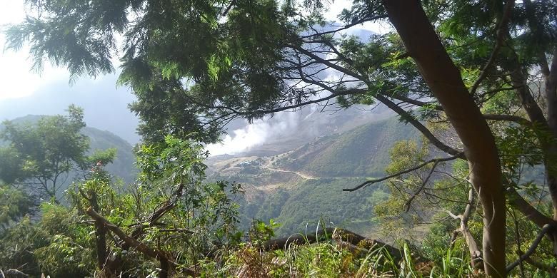 Kawah Gunung Papandayan dilihat dari balik pepohonan di Pos Pendakian Gubber Hood Gunung Papandayan, Garut, Jawa Barat, Minggu (21/2/2016). Pos Pendakian Gubber Hood bisa menampung hingga 20 tenda.