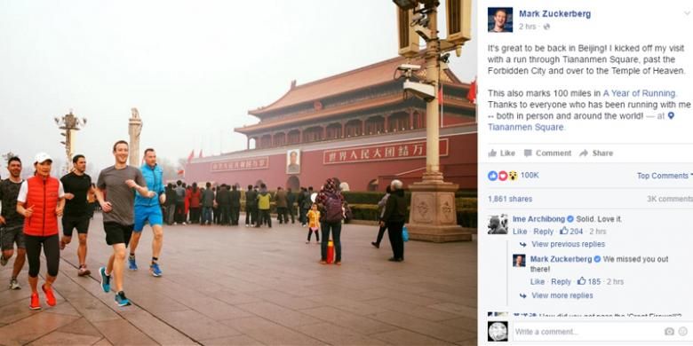 Mark Zuckerberg mengunggah foto dirinya sedang jogging di China, Jumat (18/3/2016) walau di tengah polusi udara.