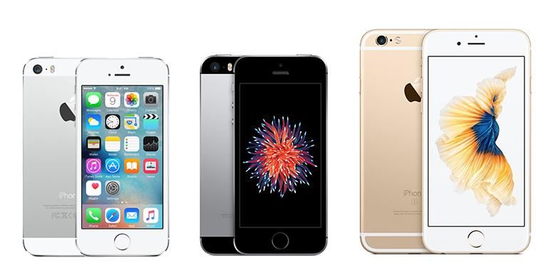 iPhone SE (tengah), diapit iPhone 5S (kiri) dan iPhone 6S. Gambar tidak sesuai skala