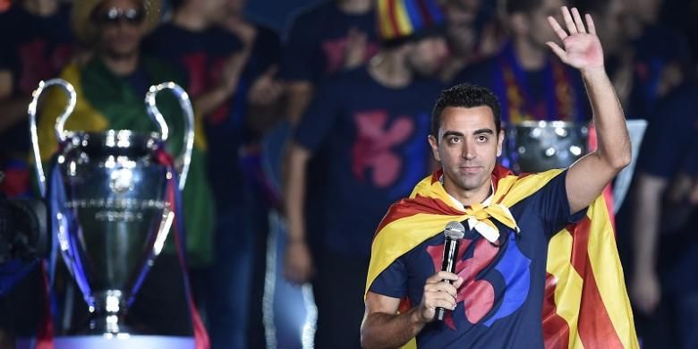 Xavi Hernandez kala merayakan keberhasilan Barcelona meraih gelar Liga Champions di Stadion Camp Nou, pada 7 Juni 2015.