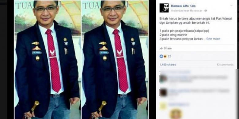 Sebuah foto dengan wajah Wakil Wali Kota Palu Sigit Purnomo atau yang lebih dikenal dengan nama Pasha Ungu beredar di media sosial Facebook lewat akun Romeo Alfa Kilo.