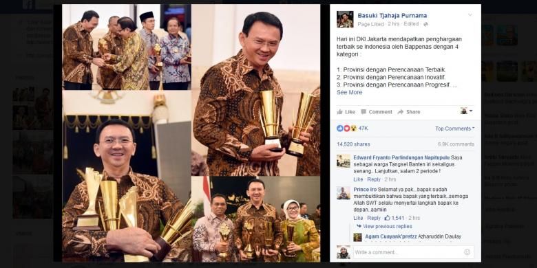 Gubernur DKI Jakarta Basuki Tjahaja Purnama menerima penghargaan untuk Pemprov DKI Jakarta yang diserahkan oleh Bappenas di Istana, Rabu (11/5/2016).