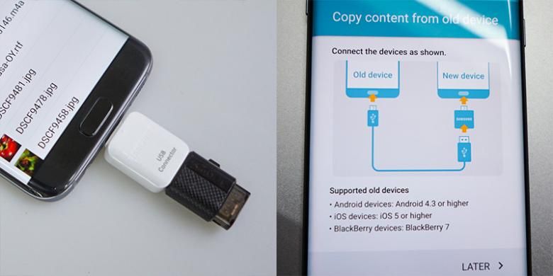 Samsung menyertakan adapter USB OTG dalam paket penjualan yang bisa dipakai untuk menancapkan flashdisk ke Galaxy S7 Edge, juga mentransfer data dari perangkat lama.