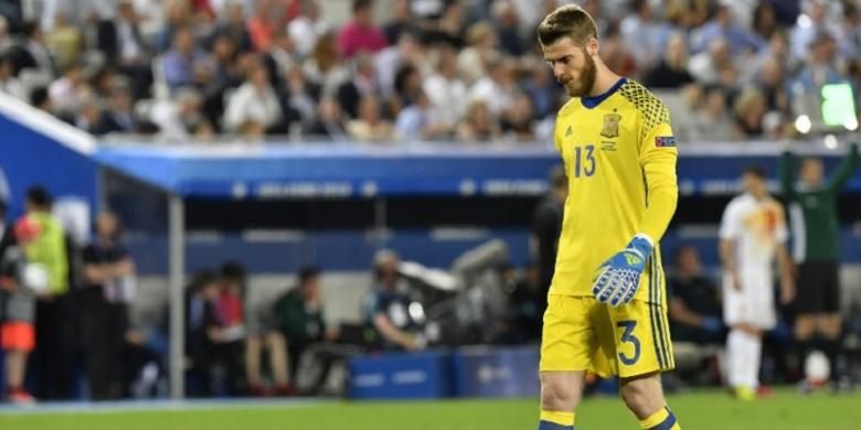 Penjaga gawang Spanyol, David de Gea, tampil pada laga Piala Eropa 2016 kontra Kroasia, di Bordeaux, pada 21 Juni 2016.