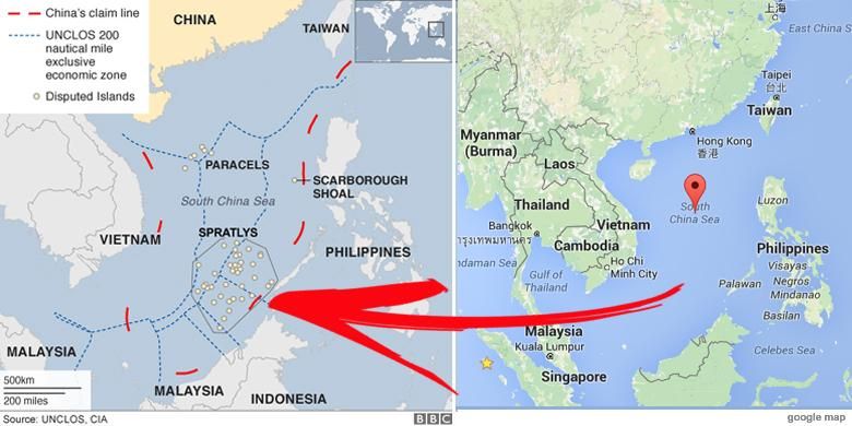 Peta wilayah sengketa di Laut China Selatan.