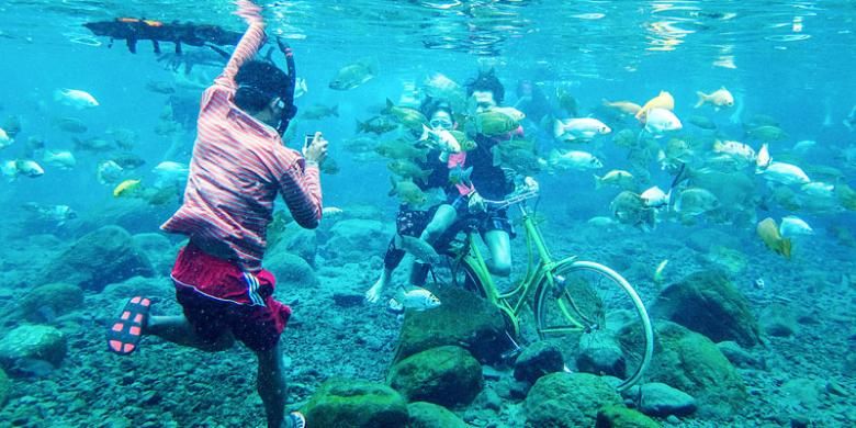 Pengunjung Umbul Ponggok di Kecamatan Polanharjo, Kabupaten Klaten, Jawa Tengah, menyewa jasa warga setempat yang berprofesi sebagai fotografer bawah air, Minggu (14/8/2016).