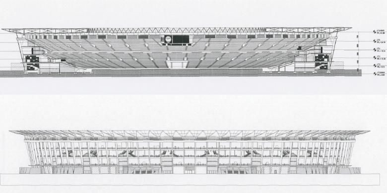 Potongan ramp eksisting dan rencana pada Stadion Utama Gelora Bung Karno Senayan.