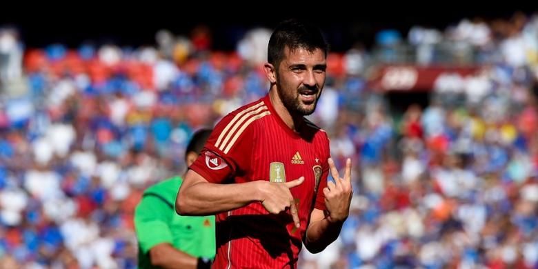 David Villa merayakan gol Spanyol ke gawang El Salvador pada partai uji coba di FedEdxField, 7 Juni 2014.