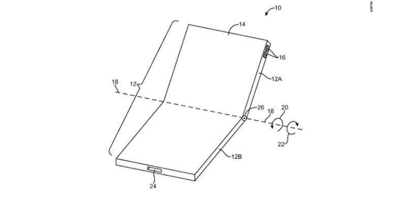 Ilustrasi perangkat dengan layar lipat dalam dokumen paten yang diajukan Apple ke USPTO.