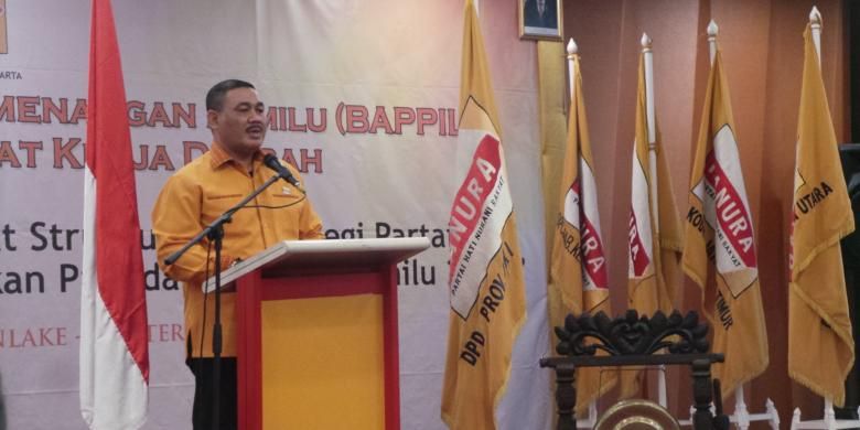 Ketua DPD Hanura DKI Jakarta Mohamad Sangaji alias Ongen, saat menyampaikan sambutan dalam Rakerda Hanura DKI Jakarta, Minggu (11/12/2016).