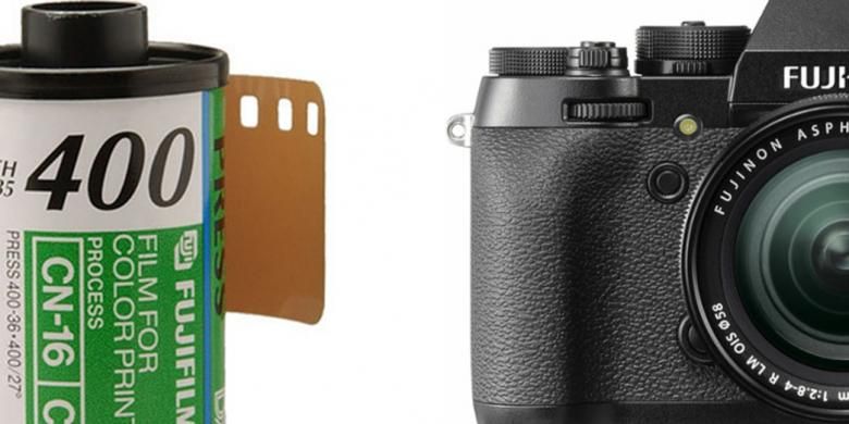 Ilustrasi film dan kamera mirrorless Fujifilm.