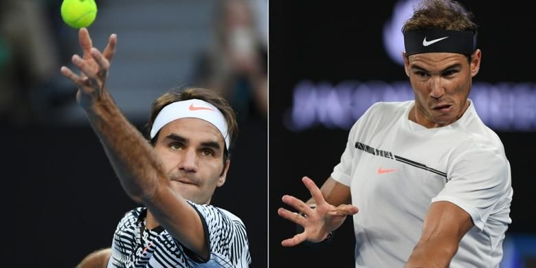 (Kombinasi) Petenis Swiss, Roger Federer (kiri), melakukan servis saat menghadapi pemain Jerman, Mischa Zverev, pada babak perempat final Australia Terbuka di Melbourne Park, Selasa (24/1/2017). Petenis Spanyol, Rafael Nadal, mengembalikan bola dari pemain Bulgaria, Grigor Dimitrov, pada laga babak semifnal Australia Terbuka 2017 di Melbourne Park, Jumat (27/1/2017).