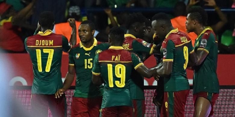 Para pemain Kamerun merayakan gol ke gawang Ghana pada semifinal Piala Afrika 2017, Kamis (2/2/2017). 