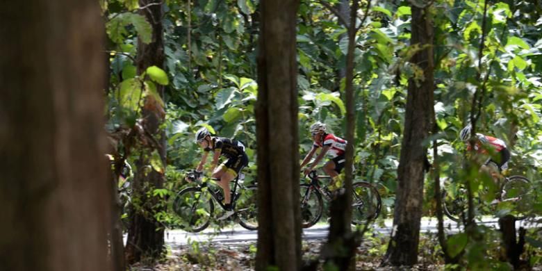 Pebalap melaju saat menempuh etape pertama Tour de Flores 2016 dengan jarak 138,8 kilometer dari Larantuka menuju Maumere, Nusa Tenggara Timur, Kamis (19/5/2016).  