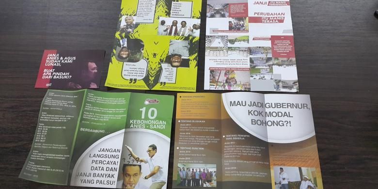 Lima jenis brosur berisi black campaign yang disita Panwaslu Jakarta Barat pada Sabtu (11/2/2017) kemarin. Brosur-brosur tersebut kini disimpan di Kantor Panwaslu Jakarta Barat.