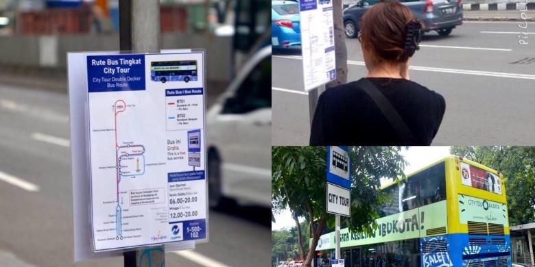 Relawan Forum Diskusi Transportasi Jakarta (FDTJ) tengah menempel peta Bus Tingkat Jakarta di halte-halte bus seluruh Jakarta.
