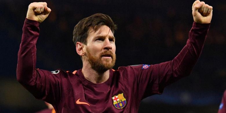 Lionel Messi merayakan gol untuk Barcelona ke gawang Chelsea dalam laga Liga Champions di Stamford Bridge, London, 20 Februari 2018.
