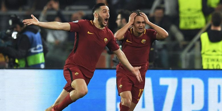 Bek AS Roma, Kostas Manolas, merayakan golnya yang menentukan kemenangan 3-0 atas Barcelona di leg kedua perempat final Liga Champions di Stadion Olimpico Roma, Rabu (11/4/2018) dini hari WIB.
