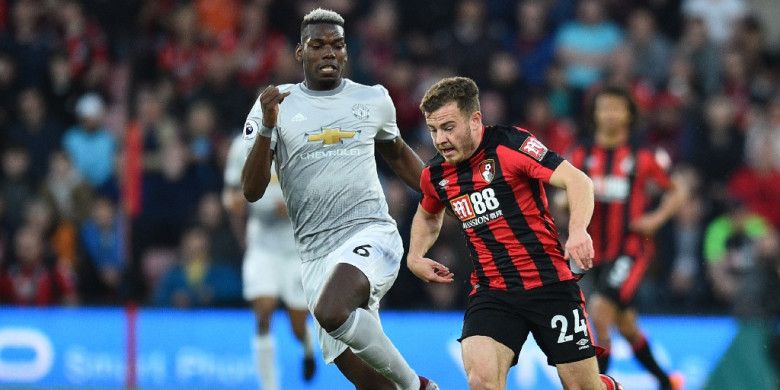 Gelandang Manchester United, Paul Pogba (kiri), berduel dengan pemain Bournemouth, Ryan Fraser, dalam laga Liga Inggris di Stadion Vitality, Bournemouth pada 18 April 2018.