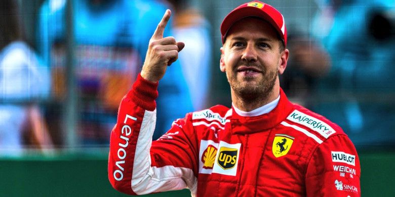 Selebrasi Sebastian Vettel (Ferrari) usai berhasil meraih pole position pada sesi kualifikasi F1 GP Azerbaijan 2018 yang berlangsung Sabtu (28/4/2018).