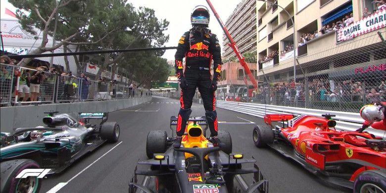 Pebalap Red Bull Racing, Daniel Ricciardo, menjadi pemenang balapan seri keenam F1 GP Monaco yang digelar di Circuit de Monaco, Monte Carlo, Monako, Minggu (27/5/2018).
