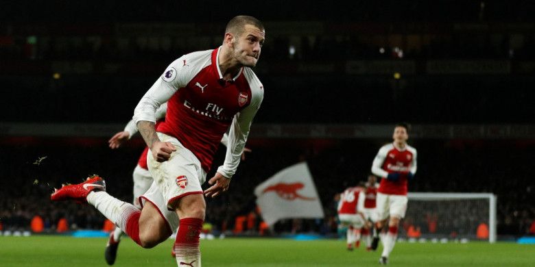 Gelandang Arsenal, Jack Wilshere, merayakan gol yang dia cetak ke gawang Chelsea dalam laga Liga Inggris di Stadion Emirates, London, pada 3 Januari 2018.
