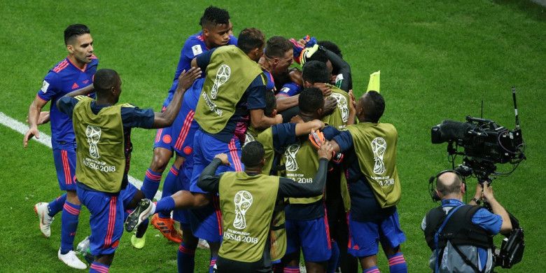 Para pemain Kolombia merayakan gol yang dicetak Yerry Mina dalam laga Grup H Piala Dunia 2018 kontra Polandia di Kazan Arena, Kazan, Rusia pada 24 Juni 2018.

