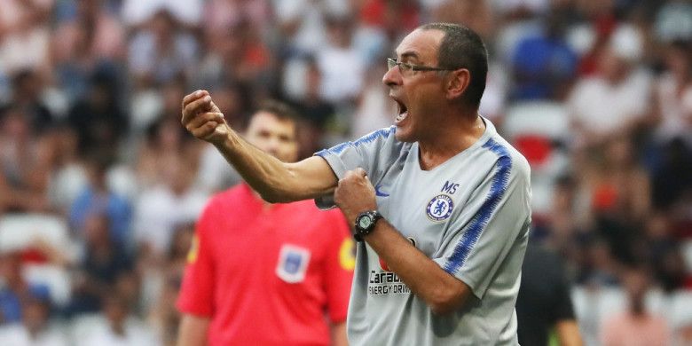 Ekspresi pelatih Chelsea, Maurizio Sarri, dalam laga International Champions Cup kontra Inter Milan di Stadion Allianz Riviera, Nice, Prancis pada 28 Juli 2018.
