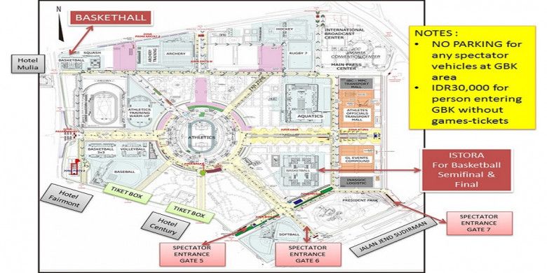 Peta lokasi kawasan Gelora Bung Karno (GBK), Senayan, Jakarta, selama penyelenggaraan Asian Games 2018.