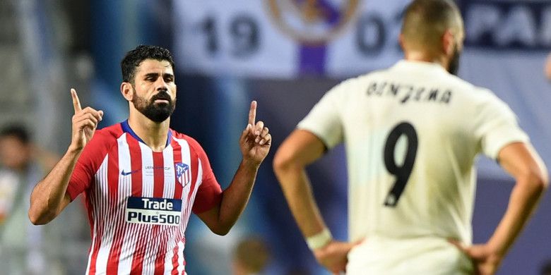 Selebrasi striker Atletico Madrid, Diego Costa, seusai mencetak gol ke gawang Real Madrid pada pertandingan Piala Super Eropa 2018 di Stadion Lillekula, Tallinn, Estonia, pada 15 Agustus 2018.