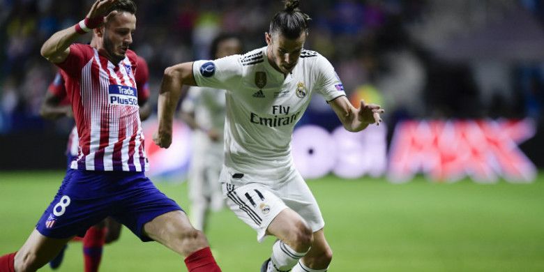 Aksi bintang Real Madrid, Gareth Bale, dalam laga Piala Super Eropa melawan Atletico Madrid di Lillekula Stadium, Rabu (15/8/2018).