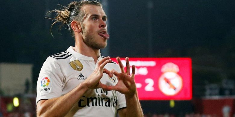 Gareth Bale merayakan gol Real Madrid ke gawang Girona dalam lanjutan Liga Spanyol di Stadion Montilivi, 26 Agustus 2018.
