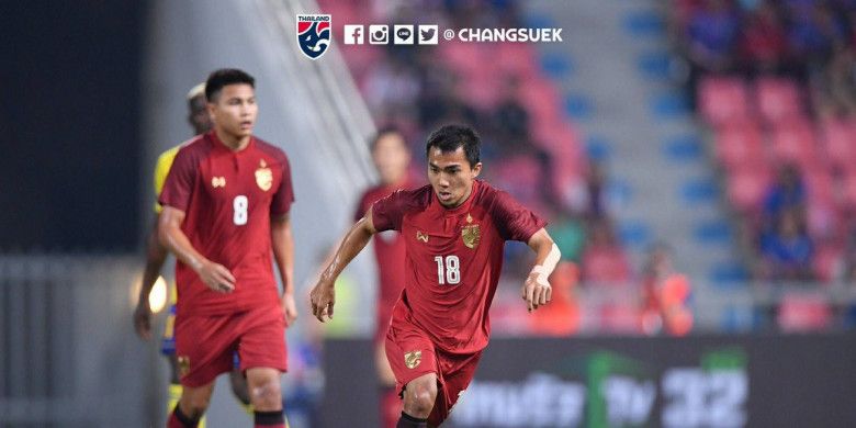 Pemain timnas Thailand, Chanatip Songkrasin, saat bermain melawan timnas Gabon dalam ajang Kings Cup 2108 di Stadion Rajamangala, Kamis (22/3/2018).
