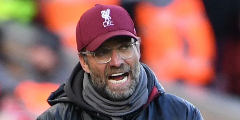 Ekspresi pelatih Liverpool FC, Juergen Klopp, dalam laga Liga Inggris melawan Cardiff City di Stadion Anfield, Liverpool pada 27 Oktober 2018.
