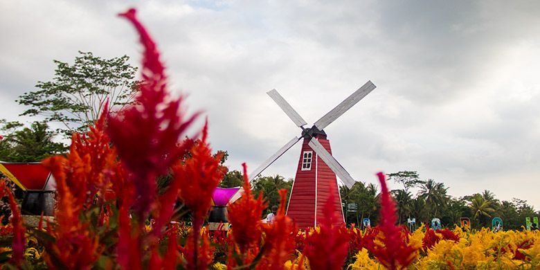 Keindahan Taman Ramadanu berupa kincir angin yang dikelilingi bunga berwarna-warni seperti di Belanda.