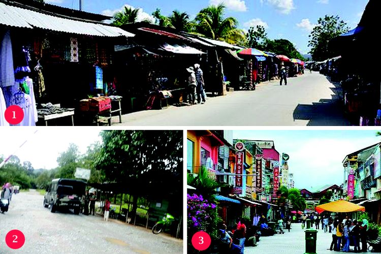 Gambar 1: Pasar Serikin. Gambar 2: Distrik Bau di wilayah Malaysia. Gambar 3: Pos Lintas Batas Jagoi-Serikin.
