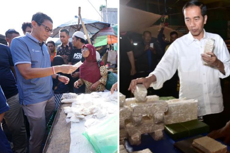 Kiri: Sandiaga Uno saat berkunjung ke salah satu pasar di Semarang, Jawa Tengah, Senin (24/9/2018). Kanan: Jokowi saat mengunjungi Pasar Bogor di Jalan Roda, Bogor, Jawa Barat, Selasa (30/10/2018) malam. 