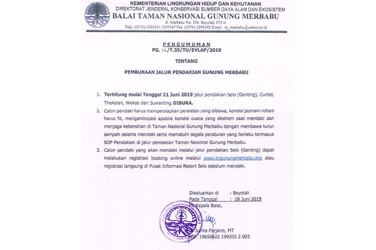 Surat Pembukaan Jalur Pendakian Gunung Merbabu, 21 Juni 2019 besok.