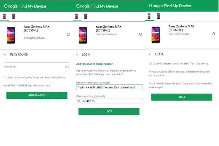 (kiri ke kanan) Fitur Play Sound untuk menderingkan ponsel dari jarak jauh, Fitur Lock untuk mengunci ponsel dari jarak jauh, dan fitur Erase, untuk menghapus data ponsel dari jarak jauh.(Kompas.com)