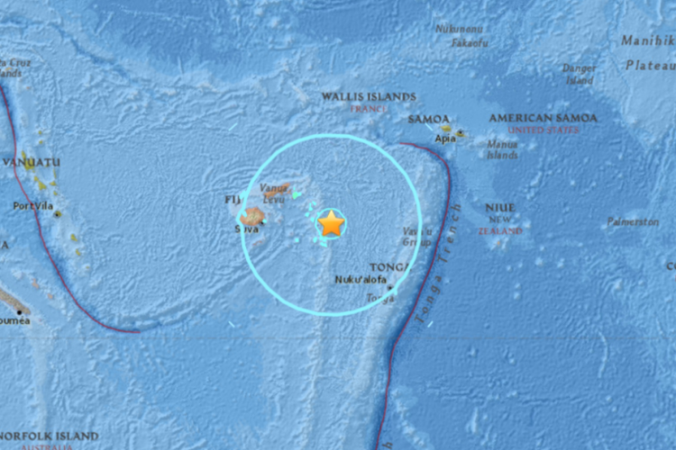 Gempa bumi berkekuatan 8,2 magnitudo mengguncang Fiji, berpusat di tengah Samudra Pasifik, sebelah timur Suva. (USGS via The Sun)