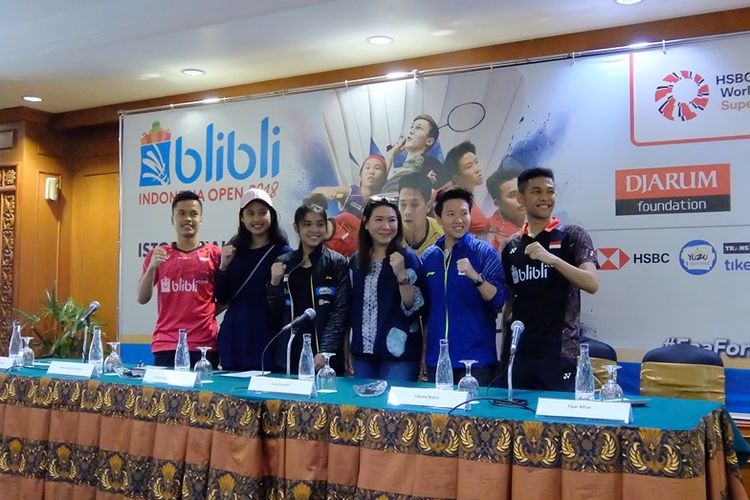 Para pemain Indonesia yang akan tampil pada Blibli Indonesia Open 2018 dalam konferensi pers di Hotel Sultan, Senin (02/07/2018).