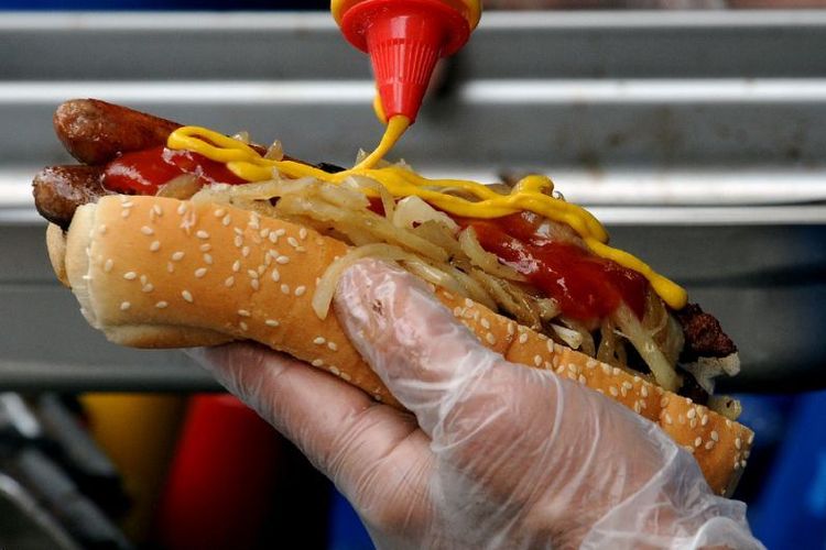 Ilustrasi hot dog yang memperlihatkan roti, bawang bombay, sosis, dan saus. (AFP/Greg Wood)