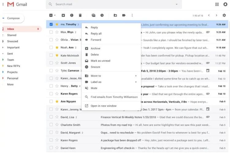 Ilustrasi menu klik kanan baru Gmail versi web