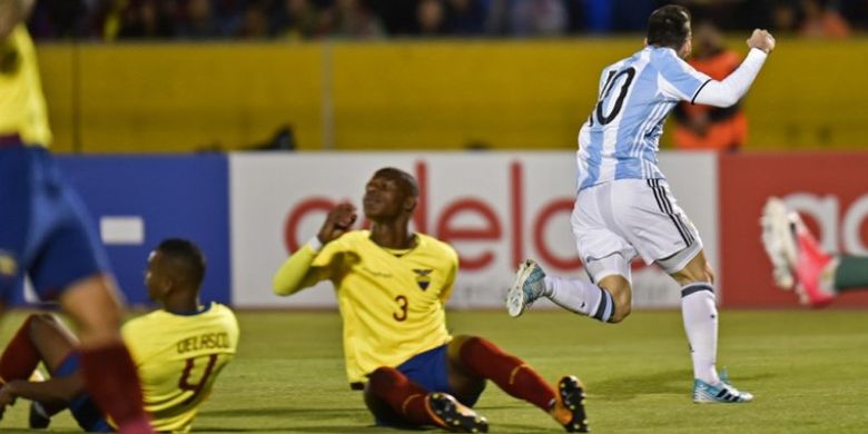 Lionel Messi mencetak gol timnas Argentina menang 3-1 atas Ekuador pada partai Kualifikasi Piala Dunia 2018 zona Conmebol, Selasa (10/10/2017).
