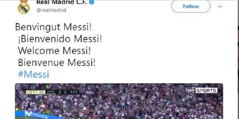 Akun resmi Twitter Real Madrid diretas sehingga mengumumkan Lionel Messi bergabung dengan klub ibu kota Spanyol ini.