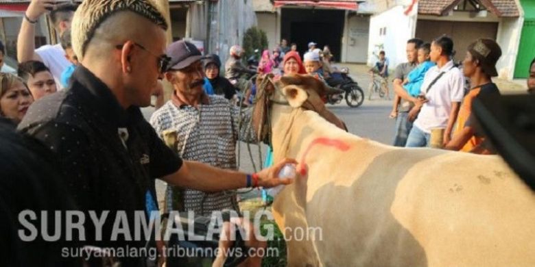 Striker Arema FC, Cristian Gonzales saat membeli sapi di Pakis, Kabupaten Malang, Kamis (31/8/2017). 